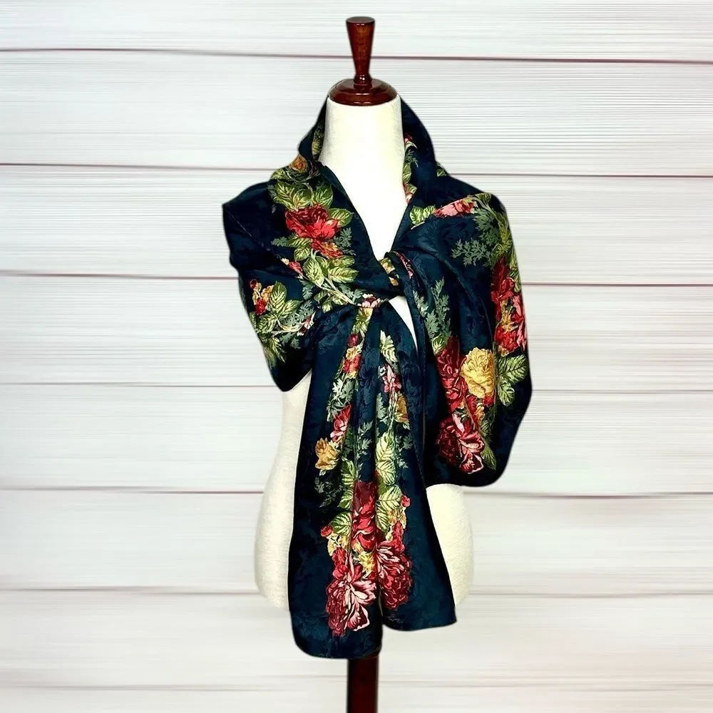 Ann Taylor Silk Oblong Scarf Large Black Jacquard Floral Print 18x70
